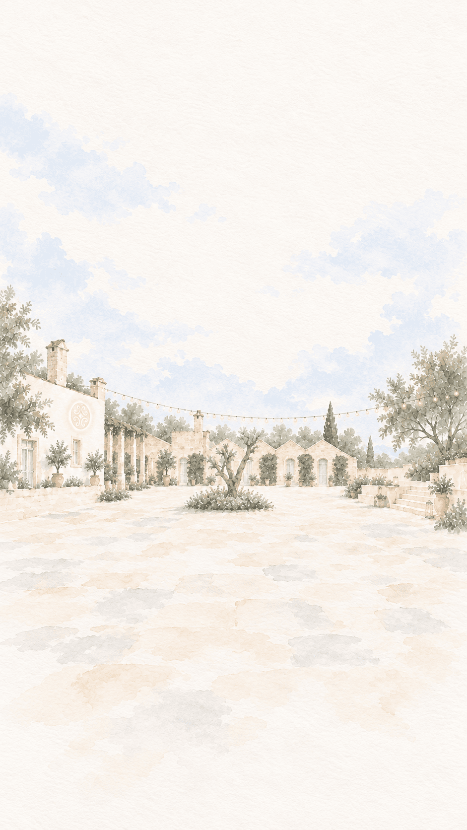 A watercolor of the Casina Calò courtyard, with an olive tree and festoon lights